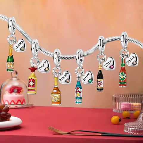Original Charm Bead Pendent 925 Sterling Silver Red Wine Champagne Whiskey Charm Fit Bracelet Bangle
