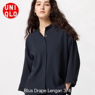 Kemeja Blouse Blus Drape Putih Hitam Polos Lengan Panjang 3/4 Wanita UNIQLO ORIGINAL