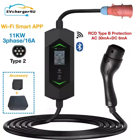 EVcharger4U Type2 11KW Portable EV Charger with 5m Charging Cable 3Phase 6-16A Adjustable Power RCD 