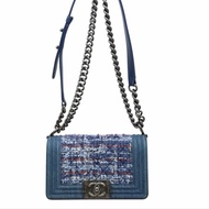 「JL精品代購」9新 Chanel 香奈兒 藍色毛呢 boy包