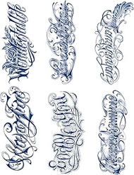 Semi Permanent Letter Temporary Tattoos, 6-Sheet 2 Weeks Long Last Waterproof Eglish Words Tattoos, 