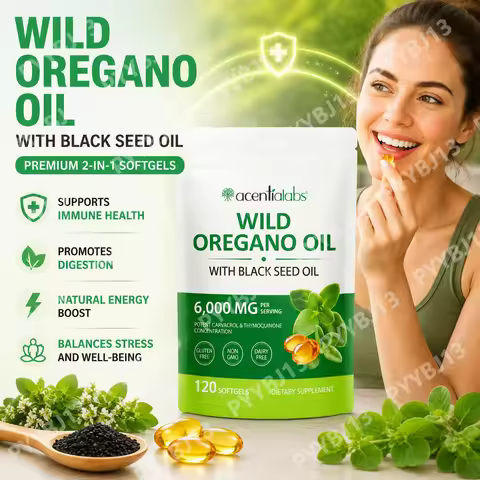 Acentiallabs Wild Oregano Oil Softgels, 6000mg Oregano with 200mg Black Seed Oil,120 Count, Contains
