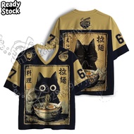 Cat Eating Lamian Noodles Japanese Retro 3d Graphic Printed Jersey V-Neck Fashionable Y2k Streetwear