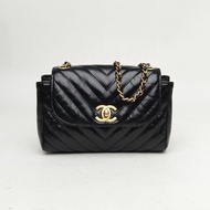 CHANEL 黑色牛皮26開金扣CF口蓋包mini方胖子V紋斜挎包