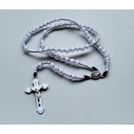 R73 ROSARY PEARL CONTENT WHITE BALL LUXURY SILVER CROSS CATHOLIC