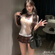 Student Uniform See-Through Transparent White Shirt Plaid Skirt Bow Tie