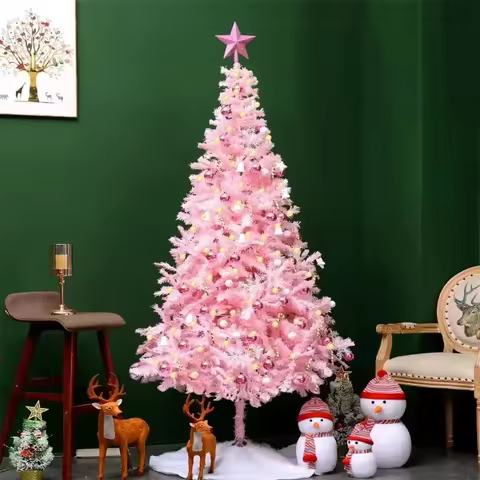 7ft Artificial Pink Christmas Tree with 900 Pine Branches Christmas Tree Set with Lights Metal Tripo