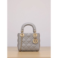 DIOR Dior Lady Dior Diamond Checkered Detachable Chain Three-Grid Pearlescent Gray Sheep Leather Han