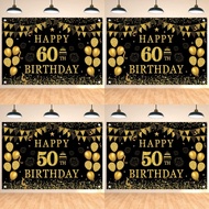 150*100cm Black Gold Happy Birthday Banner 50/60th Balloon Backdrop Happy Birthday Party Decor Anniv