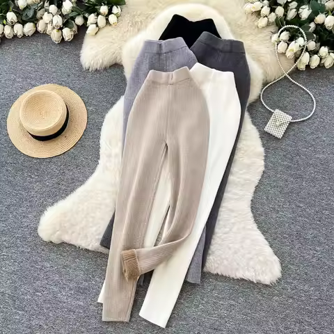Karofi Thermal Lined Knit Leggings Women High Waist Warm Fleece Lined Stretch Ribbed Pants Winter So
