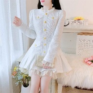 Elegant Lady กระโปรงจีบ Ruffles กึ่งคอสูงกลางเอวซิปชุดสําหรับฤดูใบไม้ร่วงและฤดูหนาวสีขาว