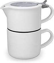 Forlife 347Wht Ceramic Mug & Teapot, White, 14.2 fl oz (414 ml), For 2 Cups, Tea Strainer, Dishwashe