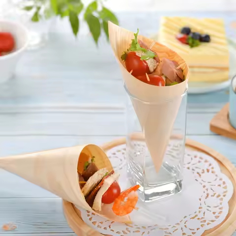 Disposable Wooden Cones - Heat-Resistant Cones, Suitable for Deli Foods, Appetizers, and Snacks - Pi