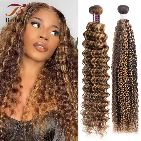 1 Bundle Highlight 100% Human Hair Weave Bundle Extension 100g Deep Wave Jerry Curly P4/27 Balayage