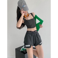 DEFIO กางเกงขาสั้นสตรี Y2K กางเกงขาสั้นเอวครอสโอเวอร์แบบลำลองย้อนยุคกางเกงเอวยางยืดหลวมขาบานผ้าฝ้ายเ