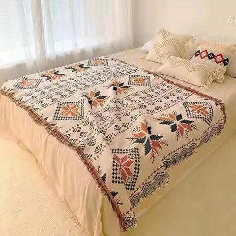 Bohemian style tassel blanket on the bed, hotel decoration, bed end towel, woven homestay, leisure b