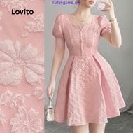 Elegant Dress Jacquard Button Pleated Spring/summer Pink Dress for Women L138ED340  Gaun Lycra Tali 