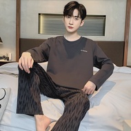 Autumn Men Pajamas Sets Spring Knit Cotton Sleepwear Long Sleeve Striped Long Trousers Pyjamas Male 