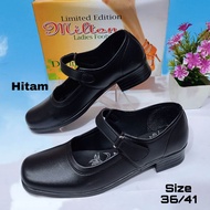 Sepatu Pantofel Hak Wanita Heels Wedges Kantor Sekolah Kerja Paskibra Hitam Putih Polos Milton LDR T