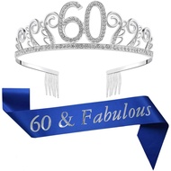 60th Birthday Tiara and Sash Blue Glitter Satin Sash Crystal Rhinestone Tiara Crown for 60th Birthda