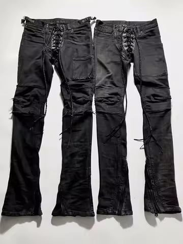 FANTASTION If6Was9 Vision Jeans with Washed Lace-Up Placket Jeans with Adjustable Zip Hem Micro-Flar