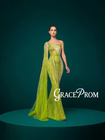 New Arrival Fluorescent Green Evening Dress Arabic Muslim One Shoulder Dazzling Prom Gown Opulent Be