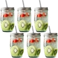 Glass with Lid and Straw, Set of 6, 450 ml, Glass Smoothie Cups with Straw, Design Coffee Mug, Trave