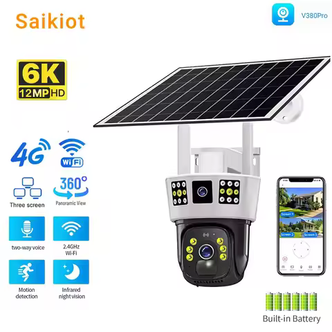 Saikiot V380 Pro 3 Screens Dual Lens 12MP 6K PTZ AI 4G Solar Powered CCTV Security Camera 360 Outdoo