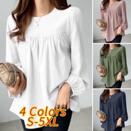 READY STOCK Women Korean Blouse Casual Loose Long Sleeve Round Neck Swing Solid Blouse