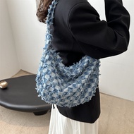 2025 Vintage Denim Crossbody - Checkerboard Pattern Dumpling Bag with Raw Hem | Bohemian & Grunge
