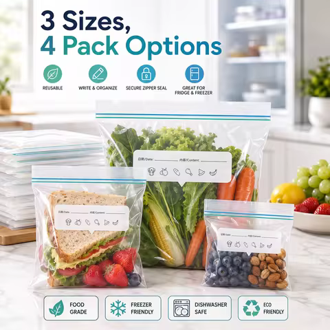 Reusable Zipper Food Storage Bags 3 Sizes Clear Write-On Organizer Bags for Snacks Fruits Vegetables