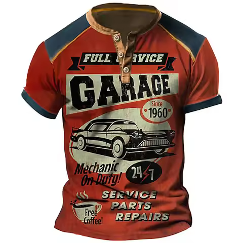 Car Graphic 3D Print Vintage Henley Shirts Men's Fashion Oversized Button-Down Short Sleeve T Shirt 
