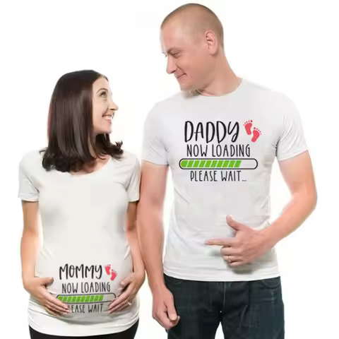 1pcs Mommy Daddy Loading Please Wait T Shirt Funny Couple Pregnant Announcement Shirts Plus Size Mat