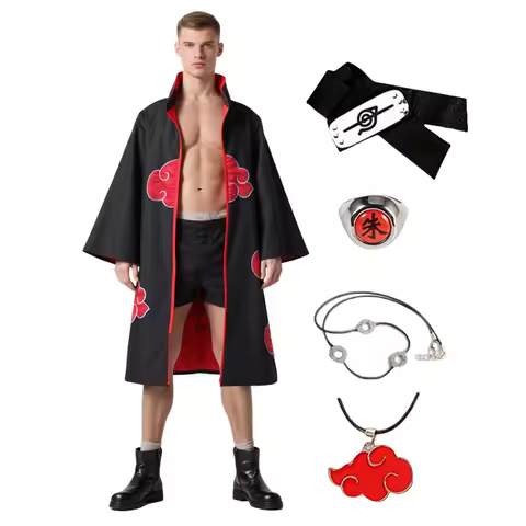 Men Anime Akatsuki Cosplay Costume Red Cloud Robe with Headband Necklace Ring Naru Outfit Children's