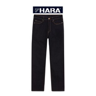 HARA   กางเกงยีนส์ ทรงขากระบอก ปลายขาเล็ก ผ้ายีนส์สีดาร์ค ด้ายทอง HMV1-900502