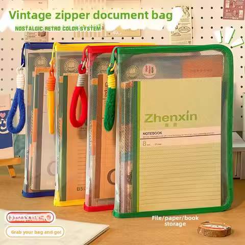 A4 Retro Zippered File Pouch Student Test Paper Book Storage Bag Thick Single-Layer Transparent Zipp