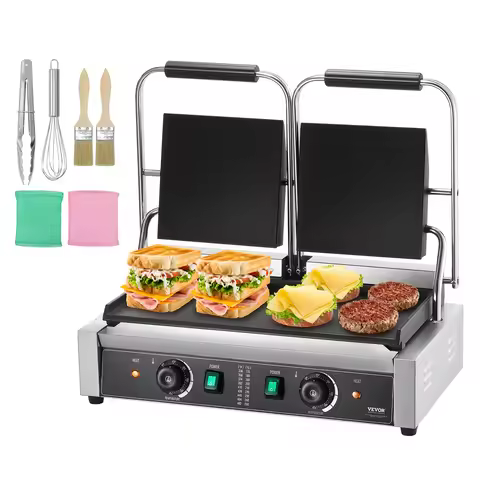 VEVOR Commercial Panini Grill, 3600W Electric Sandwich Panini Maker, Stainless Steel Double Sandwich