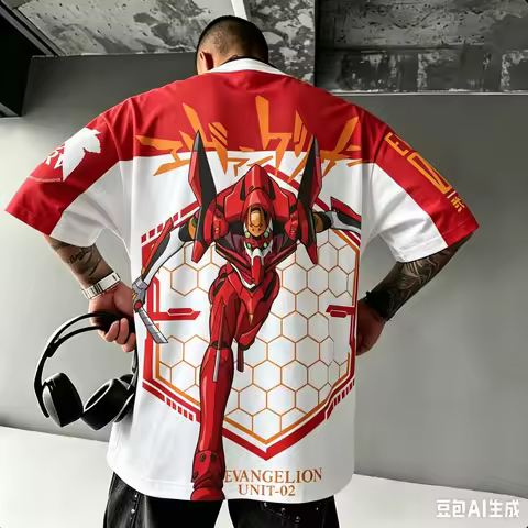 Men Anime Evangelion Unit-02 Hexagon Mecha Full Back Print Oversized Tee Fan Merch Daily Cosplay Gam