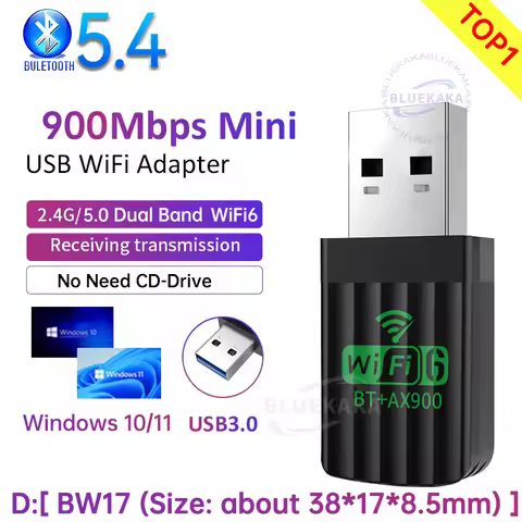 2IN1 Driver Free Network Card WiFi6 Bluetooth 5.4 AX900Mbps Dual Band 2.4G+5GHz Wireless Receiver Ad