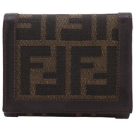 FENDI Zucca 三折皮夾，尼龍帆布，棕色，按扣，女士款 [二手]