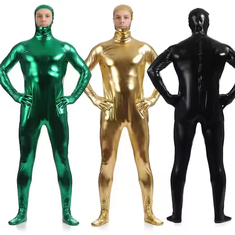 2025 Halloween Combinaison Catsuit en Spandex brillant pour adultes, visage ouvert, Faux cuir métall