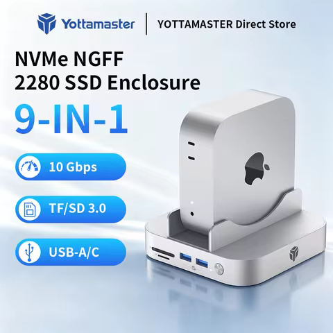 Yottamaster Vertical 9-IN-1 Mac Mini M4 Hub NVMe NGFF 2280 SSD EnclosureUSB A 3.2 Audio Mic SD/TF 3.