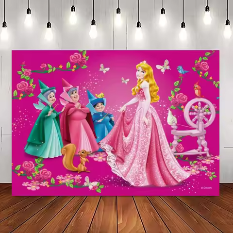 Photography Backdrop Sleeping Beauty Castle Banner Girl Happy Birthday Party Pink Flower Princess Au