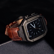 Luxury Metal Case+Strap Compatible with iWatch 45mm 44mm Leather Strap with Stainless Steel Screen P