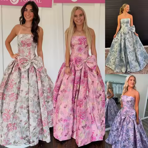 Floral Brocade Prom Queen Dress 2k26 Big Bow Lilac Rose Gold Print Long Preteen Lady Pageant Formal 