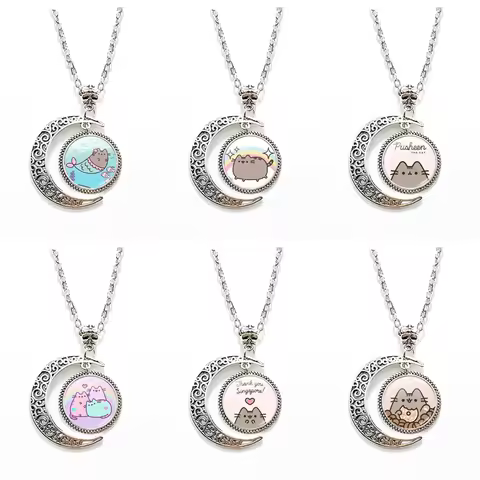 Pusheen Cat Rotating Necklace Pendant 360 Spinner Pusheen Cat Moon Pendant Birthday Gifts Charm Push