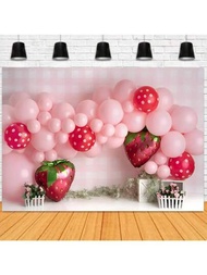 草莓生日攝影背景布，我們的草莓氣球甜蜜生日派對裝飾橫幅，蛋糕俘虜蛋糕桌面裝飾背景布，可折疊的編織布。