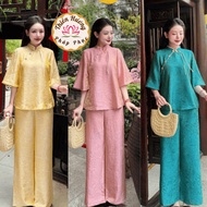 Ancient Chinese pagoda outfit with silkworm stones Tency Phap, modernized half-sleeved temple outfit