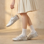 Y2k Silver Sneakers Women Metallic Leather Casual Shoes
