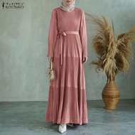 ZANZEA ชุดเดรสแขนยาวจับจีบสำหรับผู้หญิงมุสลิมชุดเดรสทรงเอคอกลมสีพื้นชุดเดรสแม็กซี่ #1103